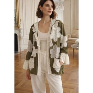 Pol Boho Patchwork Kimono Sz Sm Jacket Olive Green Floral Eyelet Lace Festival